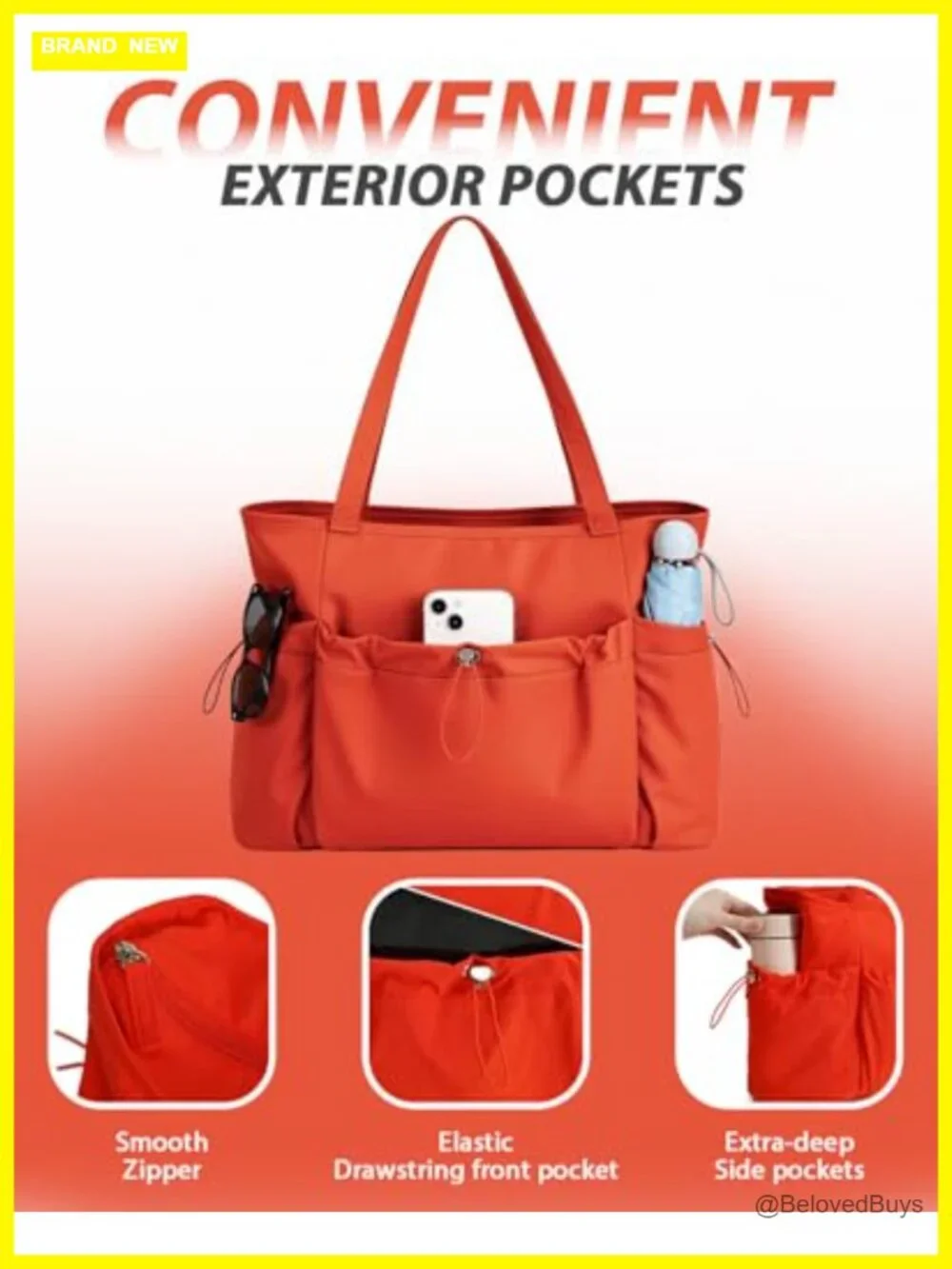 Large Quilted Nylon Tote Bag, 20L, Lightweight, 2 Bottle Pockets, Travel, School